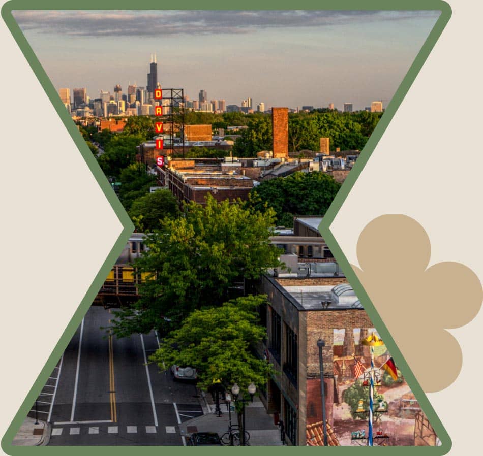 Lincoln Square from above, showing the Davis Theater and Chicago skyline